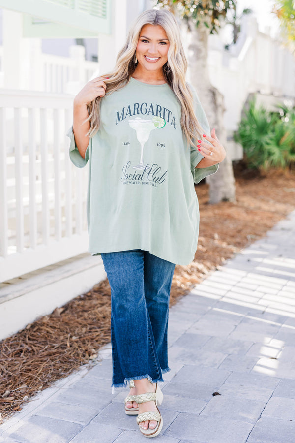 Chic Soul plus size clothing, light sage Margarita Social Club graphic boyfriend tee