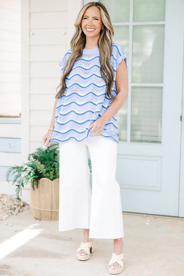 Chic Soul plus size clothing, short-sleeve blue ric rac crochet top with a high-scoop-neckline and a darker blue ric rac pattern
