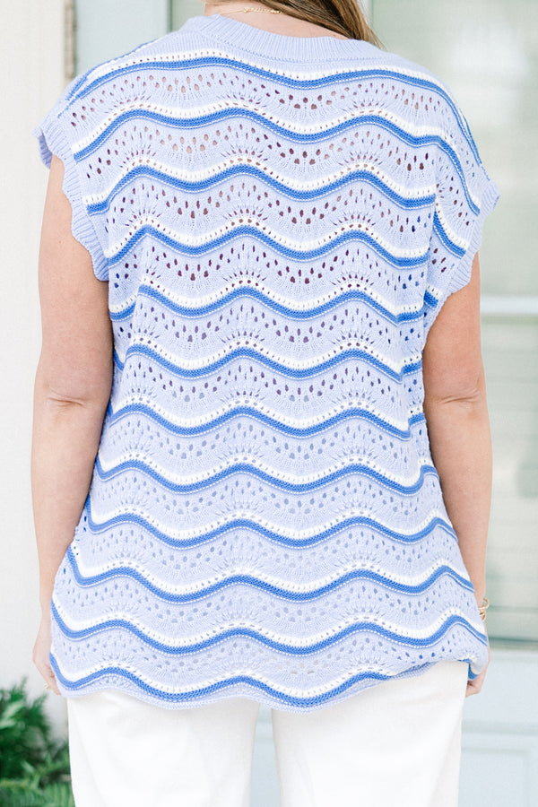Chic Soul plus size clothing, short-sleeve blue ric rac crochet top with a high-scoop-neckline and a darker blue ric rac pattern
