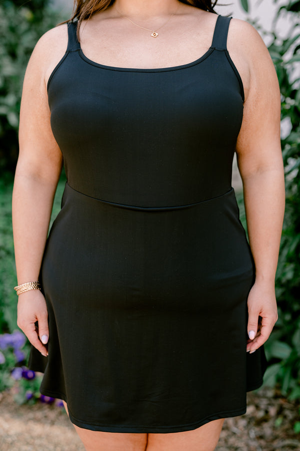 Chic Soul plus size clothing, black dress with built in shorts and a cinched waist