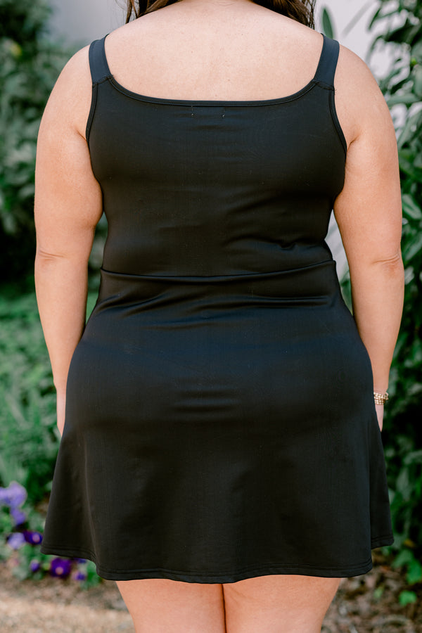 Chic Soul plus size clothing, black dress with built in shorts and a cinched waist