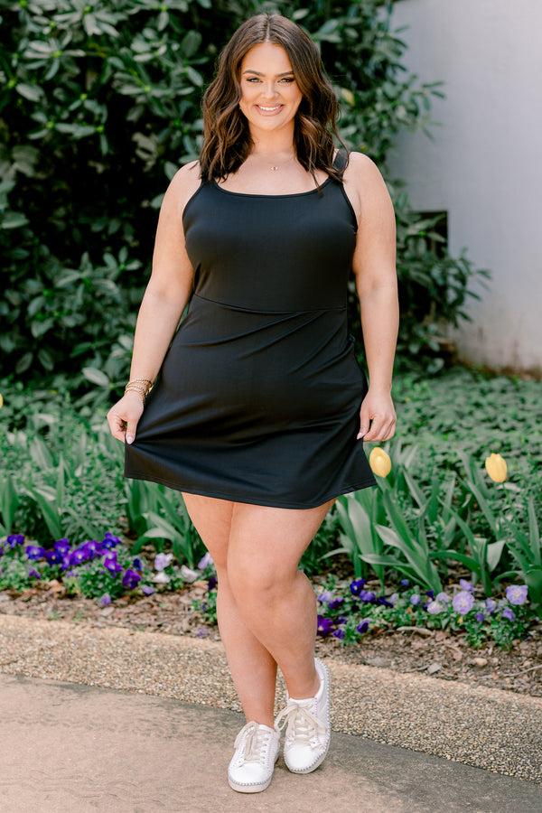 Chic Soul plus size clothing, black dress with built in shorts and a cinched waist