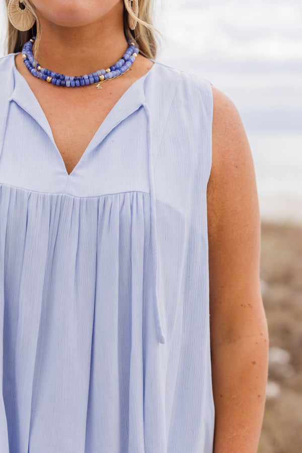 Chic Soul plus size clothing, Blue tank with an open v-neck that has ties on each side 