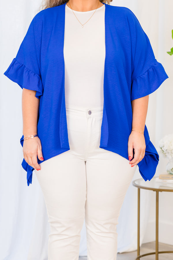 Chic Soul plus size clothing, royal blue short sleeve kimono with ruffle detail along sleeves and sides
