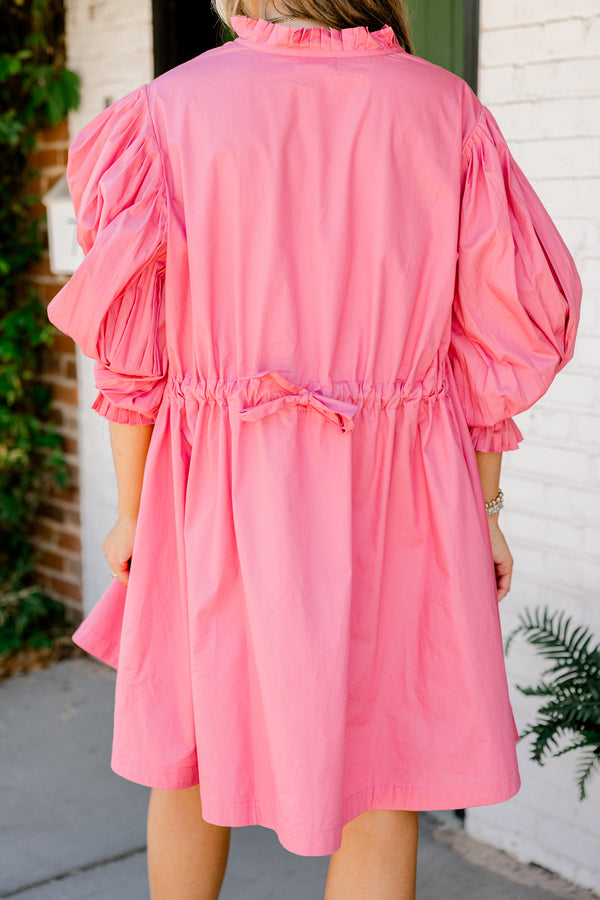 Chic Soul plus size clothing, bubblegum pink three-quarter-bubble sleeve half-button-up short casual dress with waist cinching detail on back