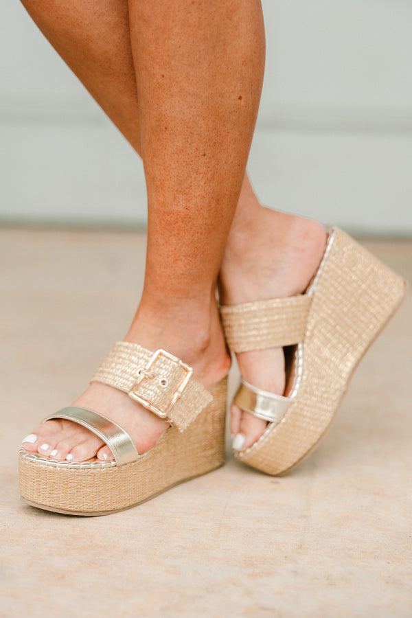 Chic soul plus size clothing, neutral wedges a gold buckle detail on the top strap 