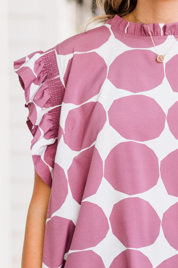 Chic Soul plus size clothing, dark mauve top with short flutter sleeves and smocked neckline with white spotted pattern 