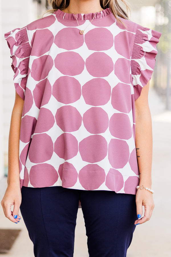 Chic Soul plus size clothing, dark mauve top with short flutter sleeves and smocked neckline with white spotted pattern 