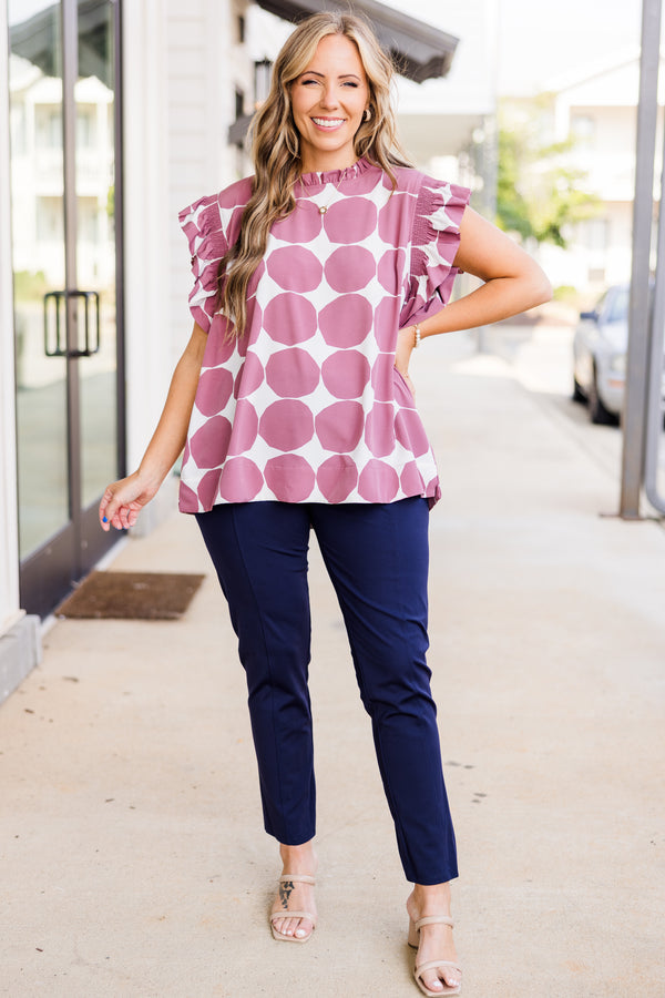 Chic Soul plus size clothing, dark mauve top with short flutter sleeves and smocked neckline with white spotted pattern 