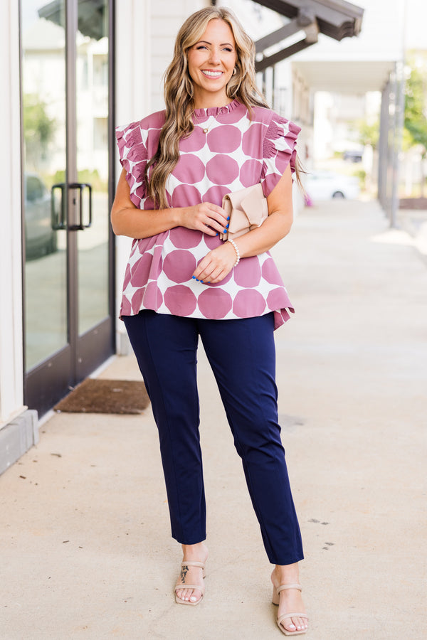 Chic Soul plus size clothing, dark mauve top with short flutter sleeves and smocked neckline with white spotted pattern 