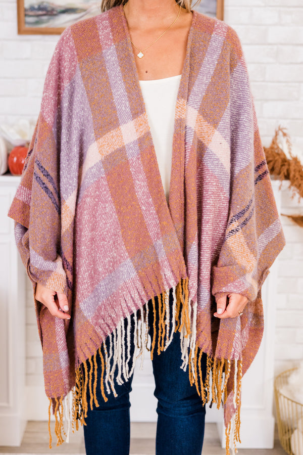 Chic Soul plus size clothing, comfortable mauve poncho scarf with mauve and orange plaid pattern