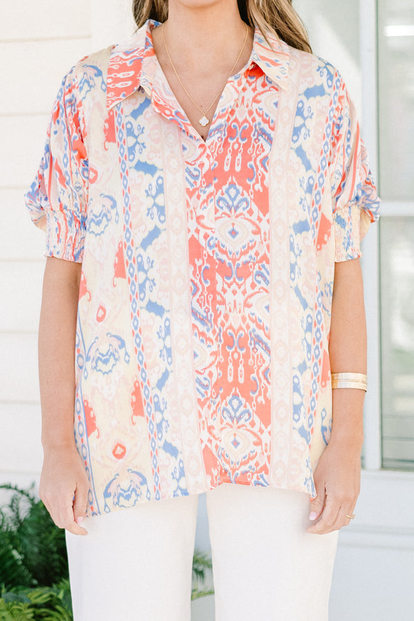 Chic Soul plus size clothing, white v-neck  collared short sleeve top with blue and peach abstract pattern