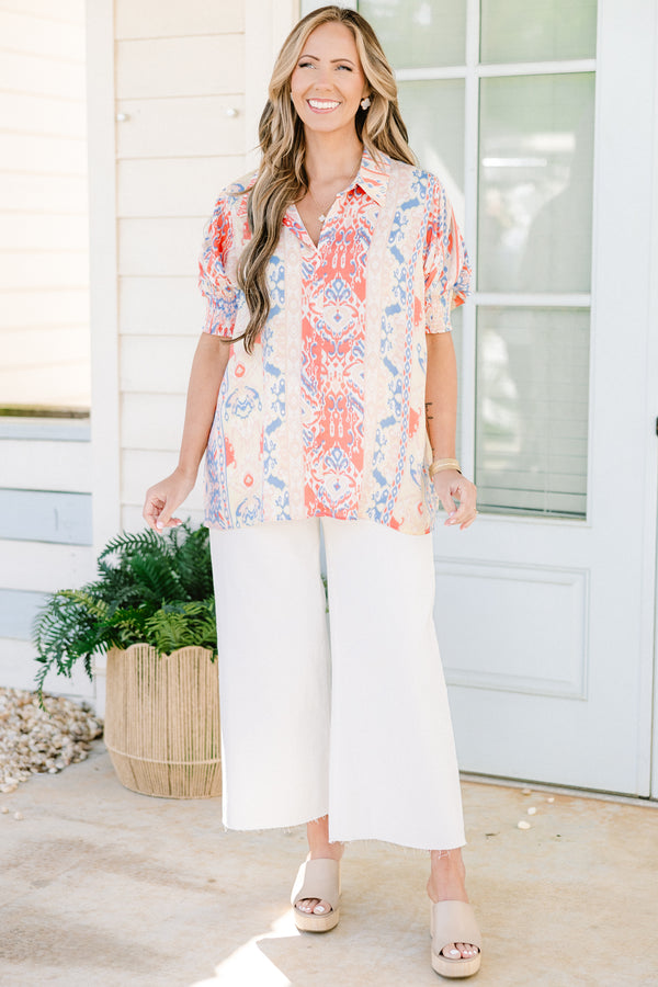 Chic Soul plus size clothing, white v-neck  collared short sleeve top with blue and peach abstract pattern