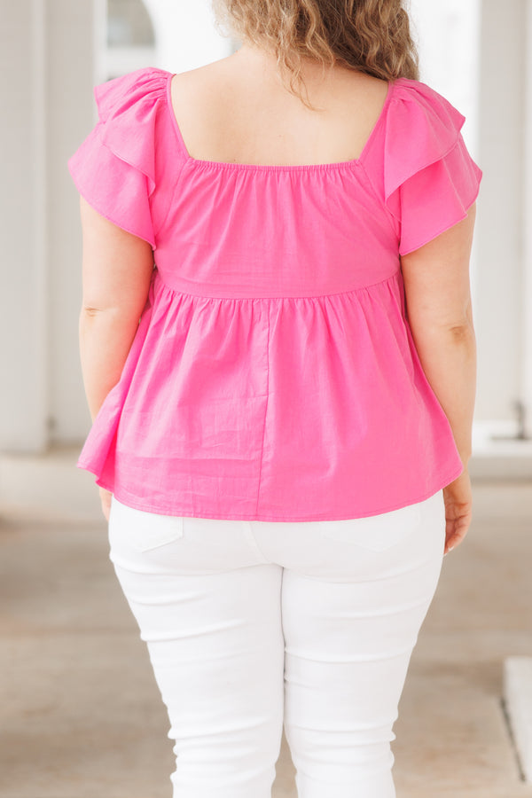 Chic Soul plus size clothing, pink babydoll top with a smocked bodice and ruffle sleeves