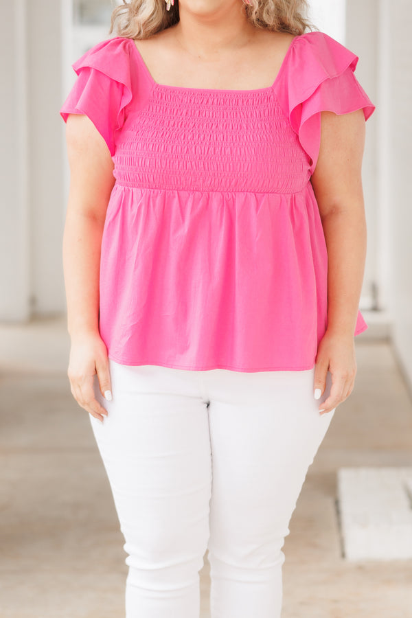 Chic Soul plus size clothing, pink babydoll top with a smocked bodice and ruffle sleeves