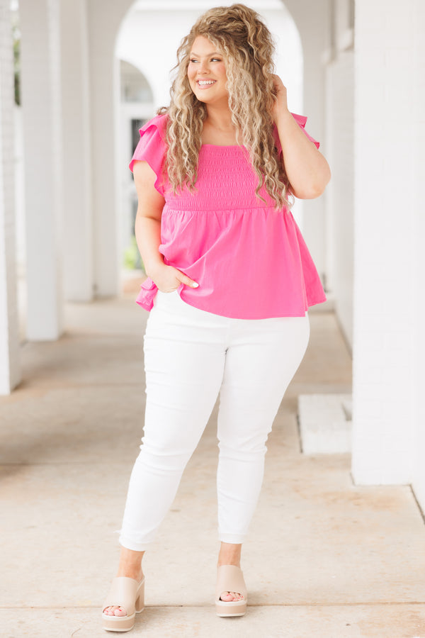 Chic Soul plus size clothing, pink babydoll top with a smocked bodice and ruffle sleeves