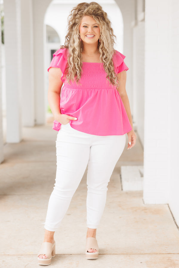 Chic Soul plus size clothing, pink babydoll top with a smocked bodice and ruffle sleeves