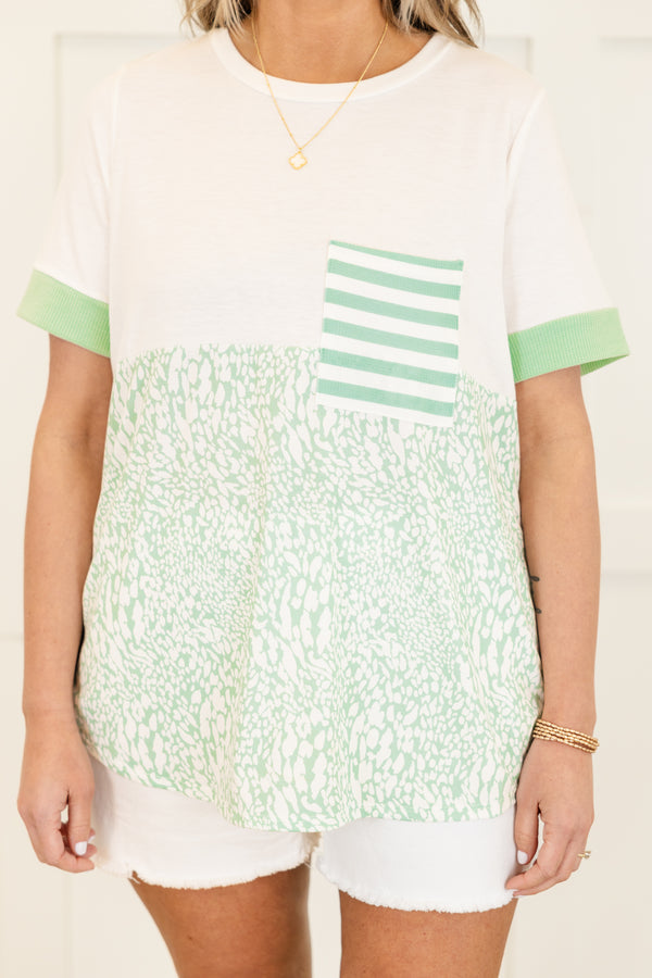 Chic Soul plus size clothing, mint and white patterned top with striped front pocket