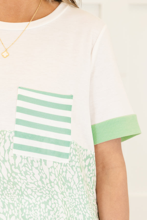 Chic Soul plus size clothing, mint and white patterned top with striped front pocket