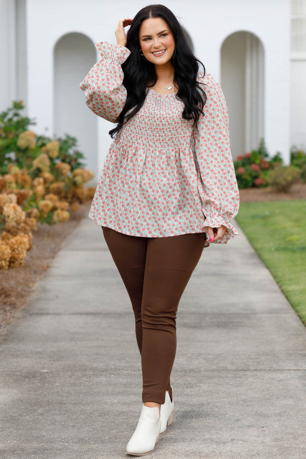 Chic Soul plus size clothing, cream and floral top with puff ruffle sleeves