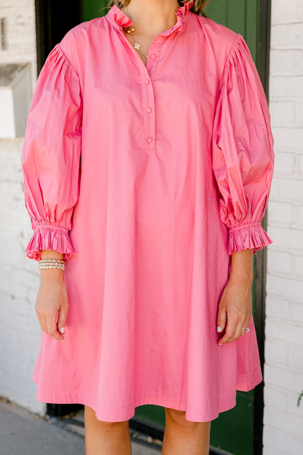 Chic Soul plus size clothing, bubblegum pink three-quarter-bubble sleeve half-button-up short casual dress with waist cinching detail on back