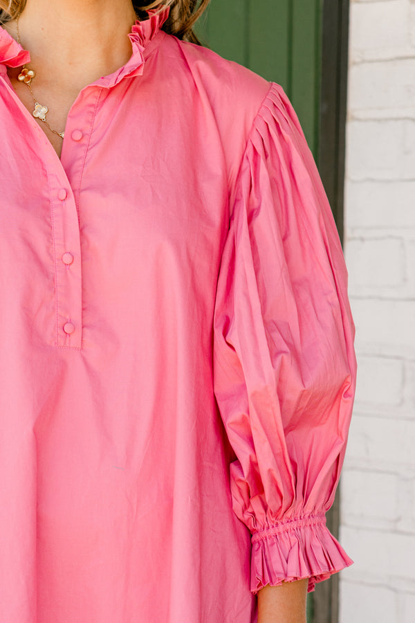 Chic Soul plus size clothing, bubblegum pink three-quarter-bubble sleeve half-button-up short casual dress with waist cinching detail on back