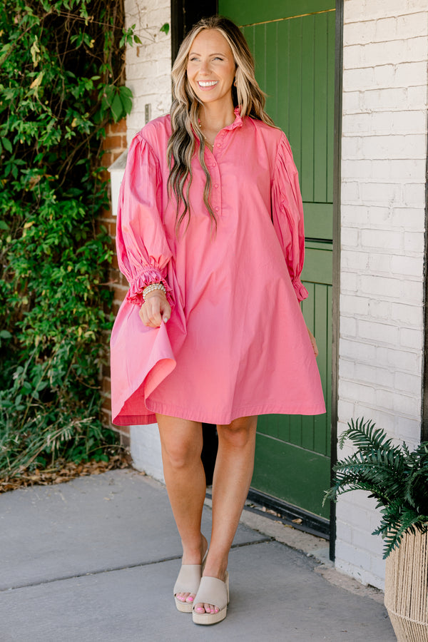 Chic Soul plus size clothing, bubblegum pink three-quarter-bubble sleeve half-button-up short casual dress with waist cinching detail on back