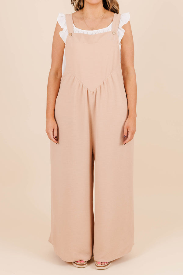 Chic Soul plus size clothing, taupe long jumpsuit with button snap straps with pockets