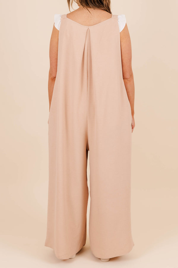 Chic Soul plus size clothing, taupe long jumpsuit with button snap straps with pockets