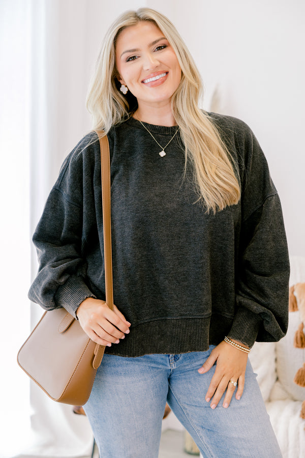 Chic Soul plus size clothing, acid wash black long sleeve slightly cropped pullover