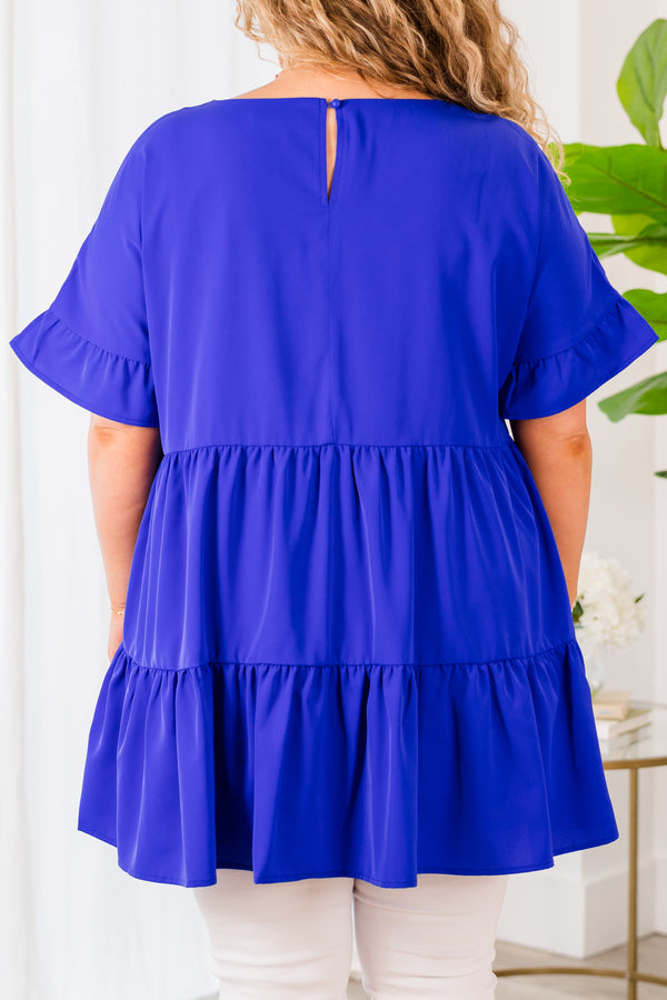 Chic Soul plus size clothing, blue short sleeve tiered top with ruffle detail along sleeve