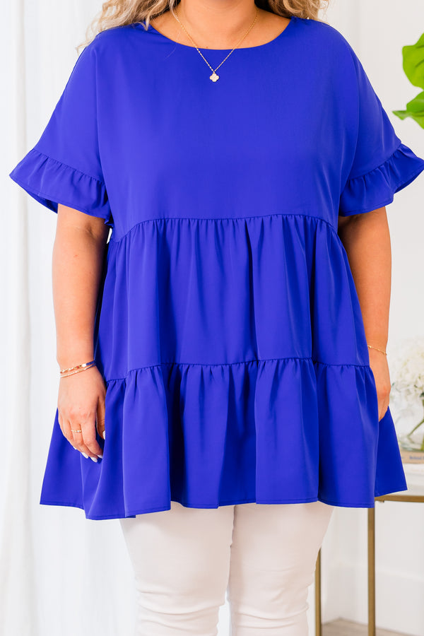 Chic Soul plus size clothing, blue short sleeve tiered top with ruffle detail along sleeve