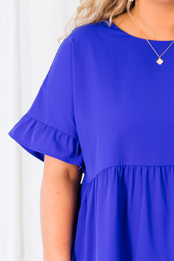Chic Soul plus size clothing, blue short sleeve tiered top with ruffle detail along sleeve