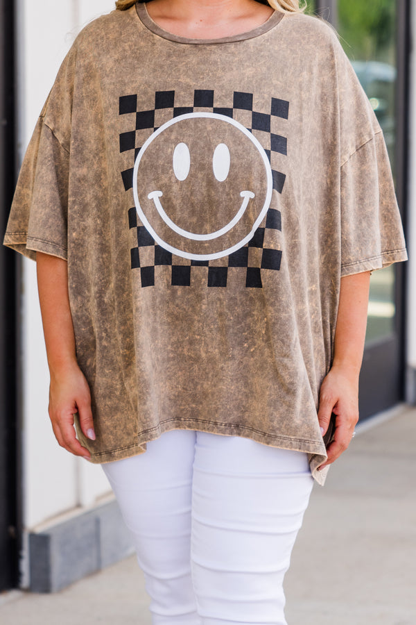 Chic Soul plus size clothing, mocha acid wash short sleeve boyfriend tee with smiley checkered graphic