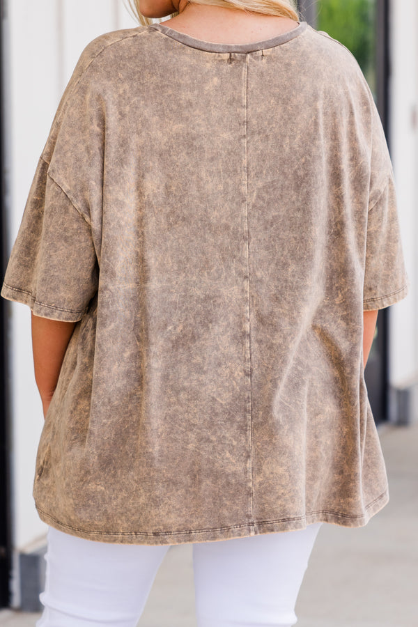 Chic Soul plus size clothing, mocha acid wash short sleeve boyfriend tee with smiley checkered graphic
