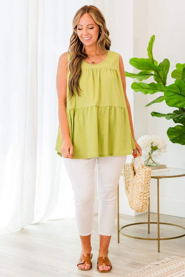 Chic Soul plus size clothing, sleeveless lime green tank with ruffled details