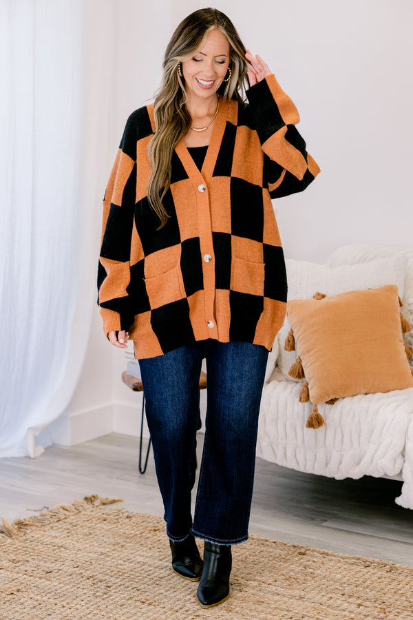 Chic Soul plus size clothing, black and orange checkered button up slouchy fit v neck cardigan