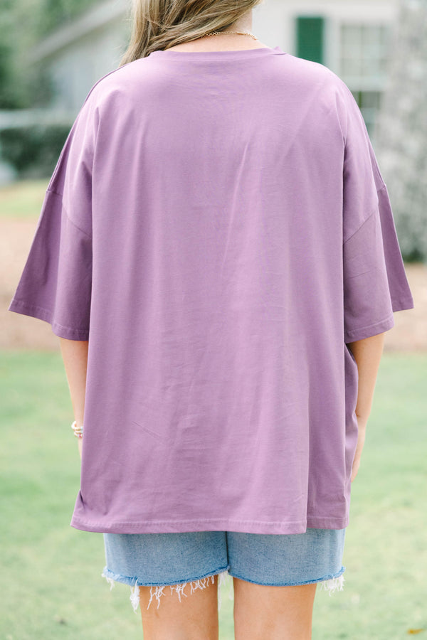 Plus size lilac grey boyfriend tee with Oopsie Daisies graphic, relaxed fit, 100% cotton.