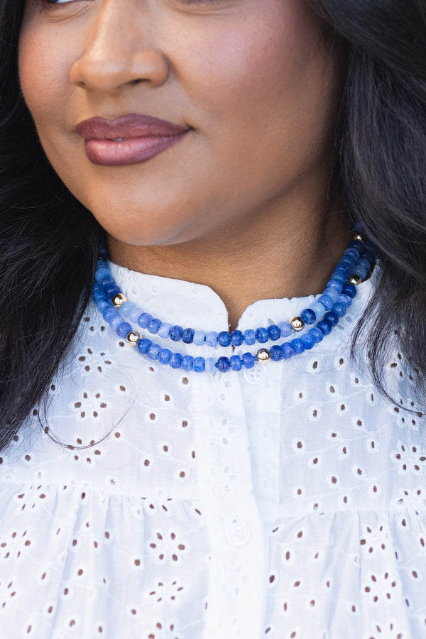 Chic Soul plus size clothing, blue double layer beaded necklace with various blue beads and accents of gold beads throughout 