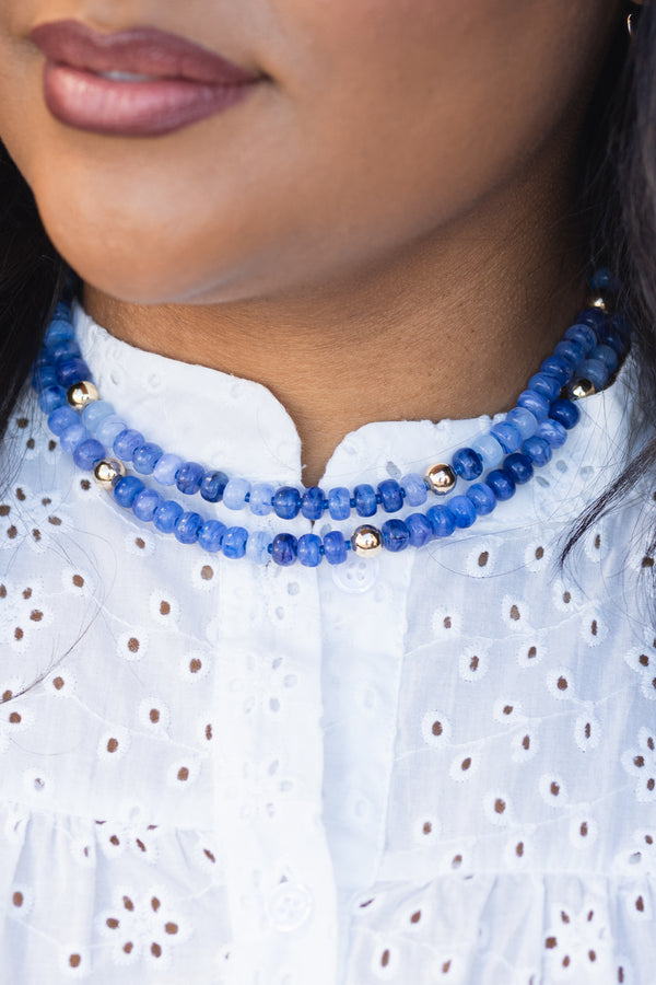 Chic Soul plus size clothing, blue double layer beaded necklace with various blue beads and accents of gold beads throughout 