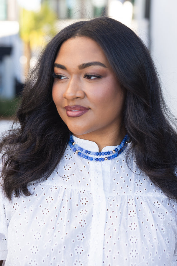 Chic Soul plus size clothing, blue double layer beaded necklace with various blue beads and accents of gold beads throughout 