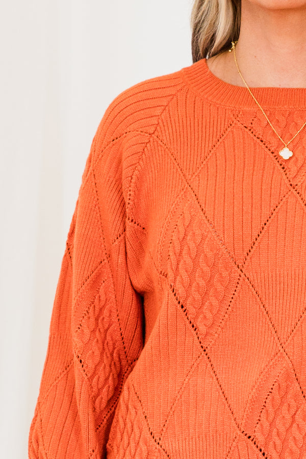 Chic Soul plus size clothing, rust long sleeve knit sweater with geometric design with cuffed bubble sleeves with round neckline