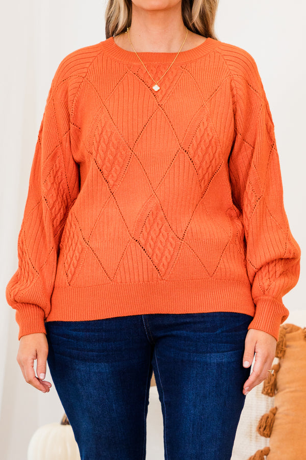 Chic Soul plus size clothing, rust long sleeve knit sweater with geometric design with cuffed bubble sleeves with round neckline