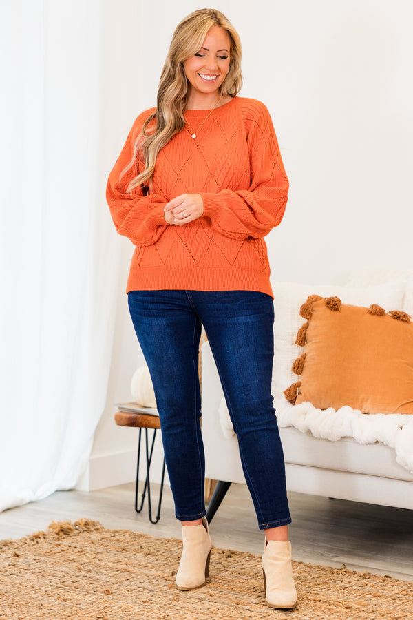 Chic Soul plus size clothing, rust long sleeve knit sweater with geometric design with cuffed bubble sleeves with round neckline