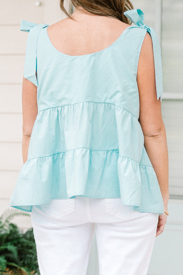 Chic Soul plus size clothing, teal sleeveless tier tank with bow tied sleeve detailing with scoop neckline