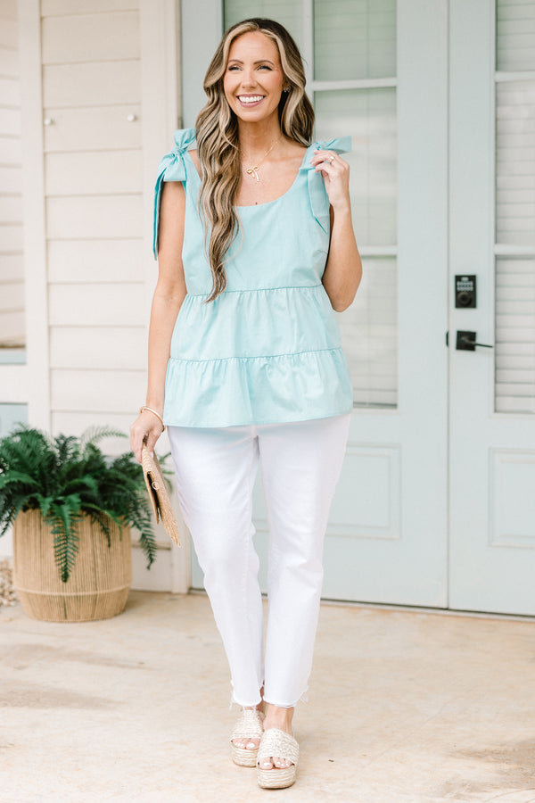 Chic Soul plus size clothing, teal sleeveless tier tank with bow tied sleeve detailing with scoop neckline