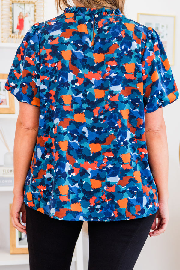 Chic Soul plus size clothing, navy short sleeve top with abstract blue/orange print with puff sleeves and mock neckline