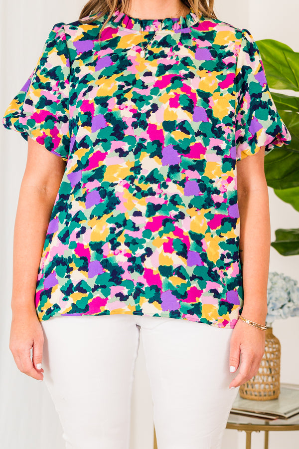 Chic Soul plus size clothing, purple abstract print top with short sleeves