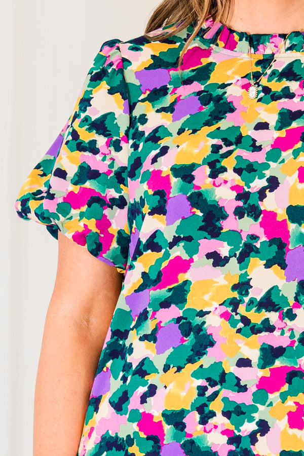 Chic Soul plus size clothing, purple abstract print top with short sleeves