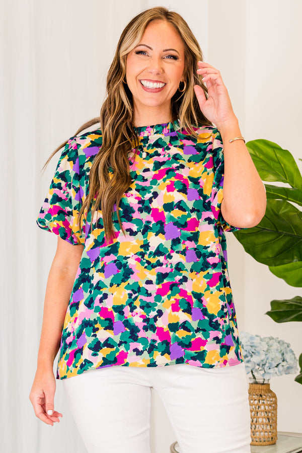 Chic Soul plus size clothing, purple abstract print top with short sleeves